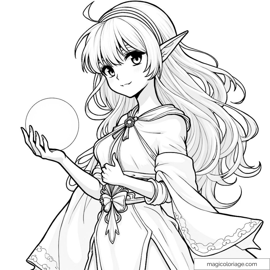 Dessin d'elfe manga avec détails exquis et sphère magique à colorier.