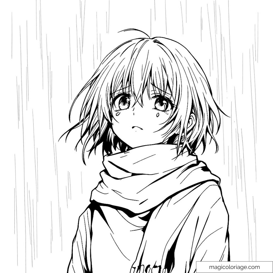Dessin d'une fille manga sous la pluie avec une écharpe