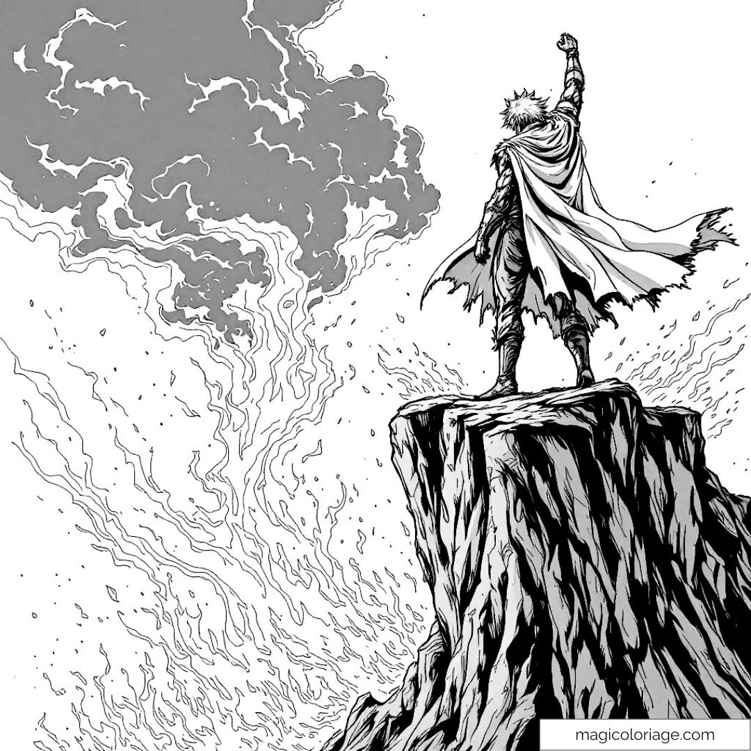 Héros animé debout sur une falaise entourée de nuages.