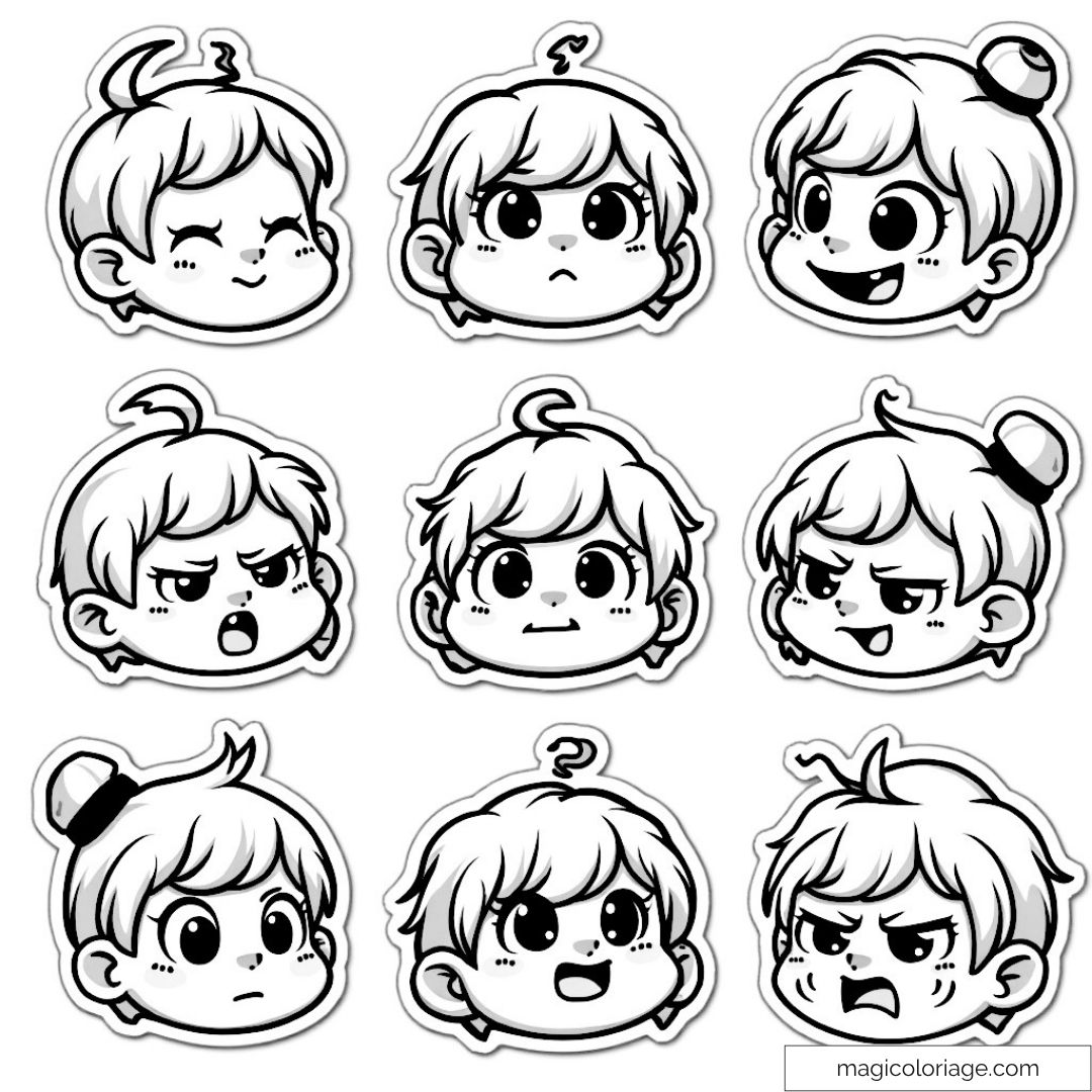 Visages d’enfants expressifs à colorier