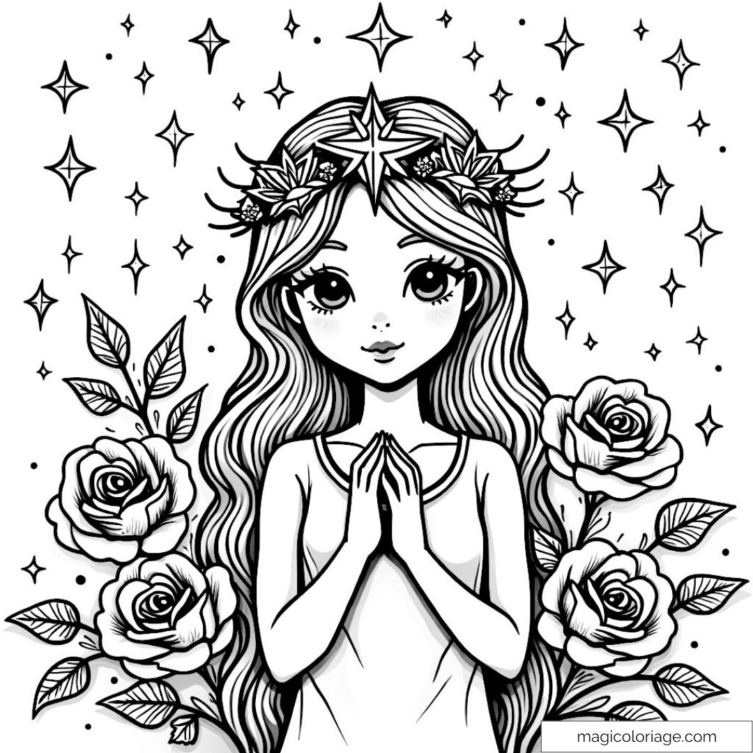 Dessin fée étoilée aux longues cheveux avec roses et étoiles scintillantes.