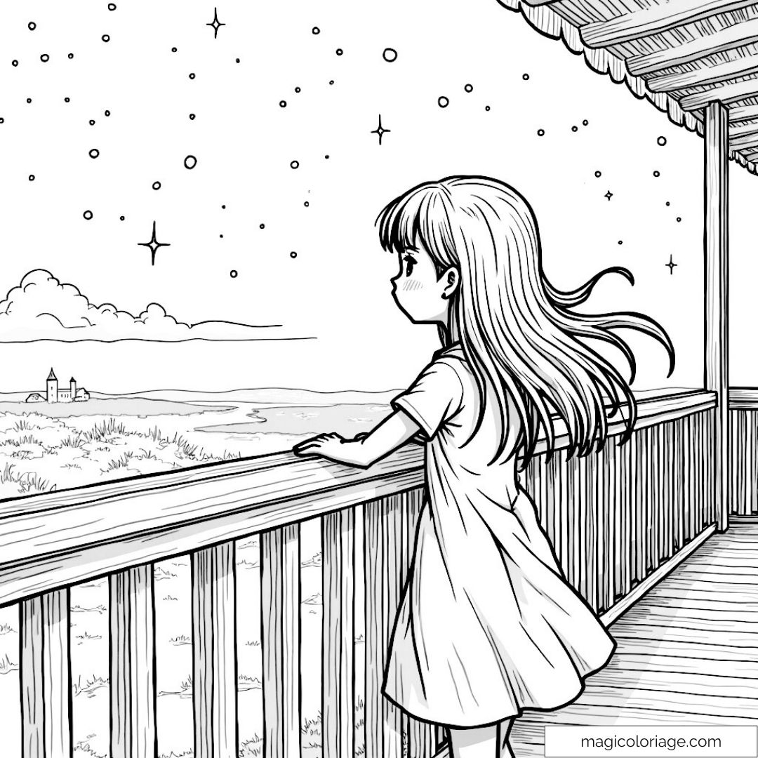 Fille regardant étoiles depuis le balcon