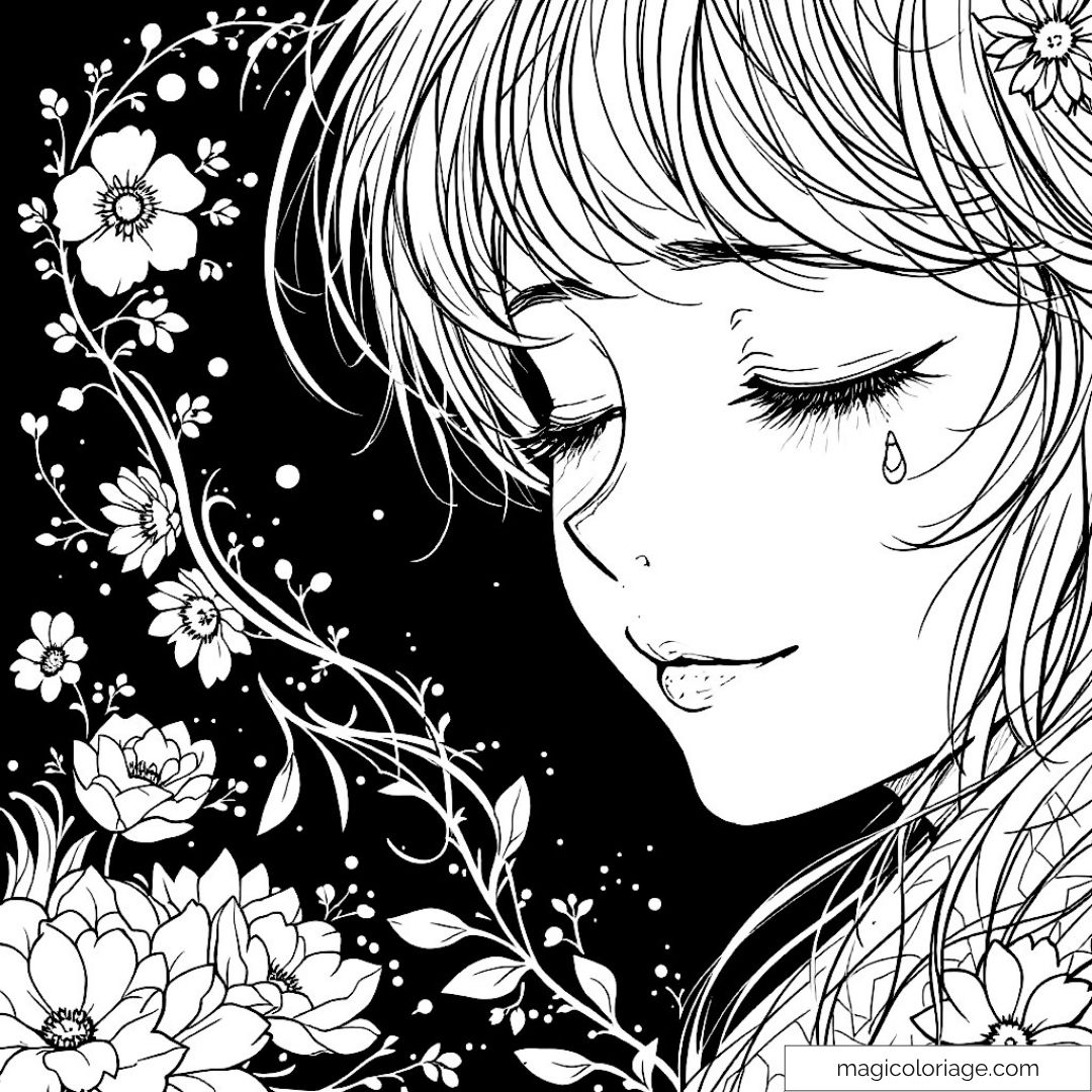Dessin de fille avec fleurs délicates et larmes