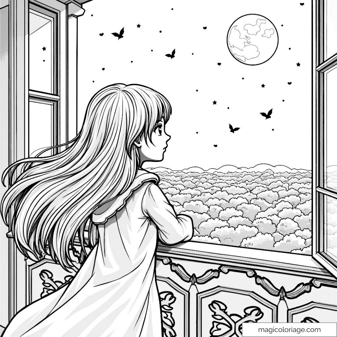 Fille regardant la lune par une fenêtre