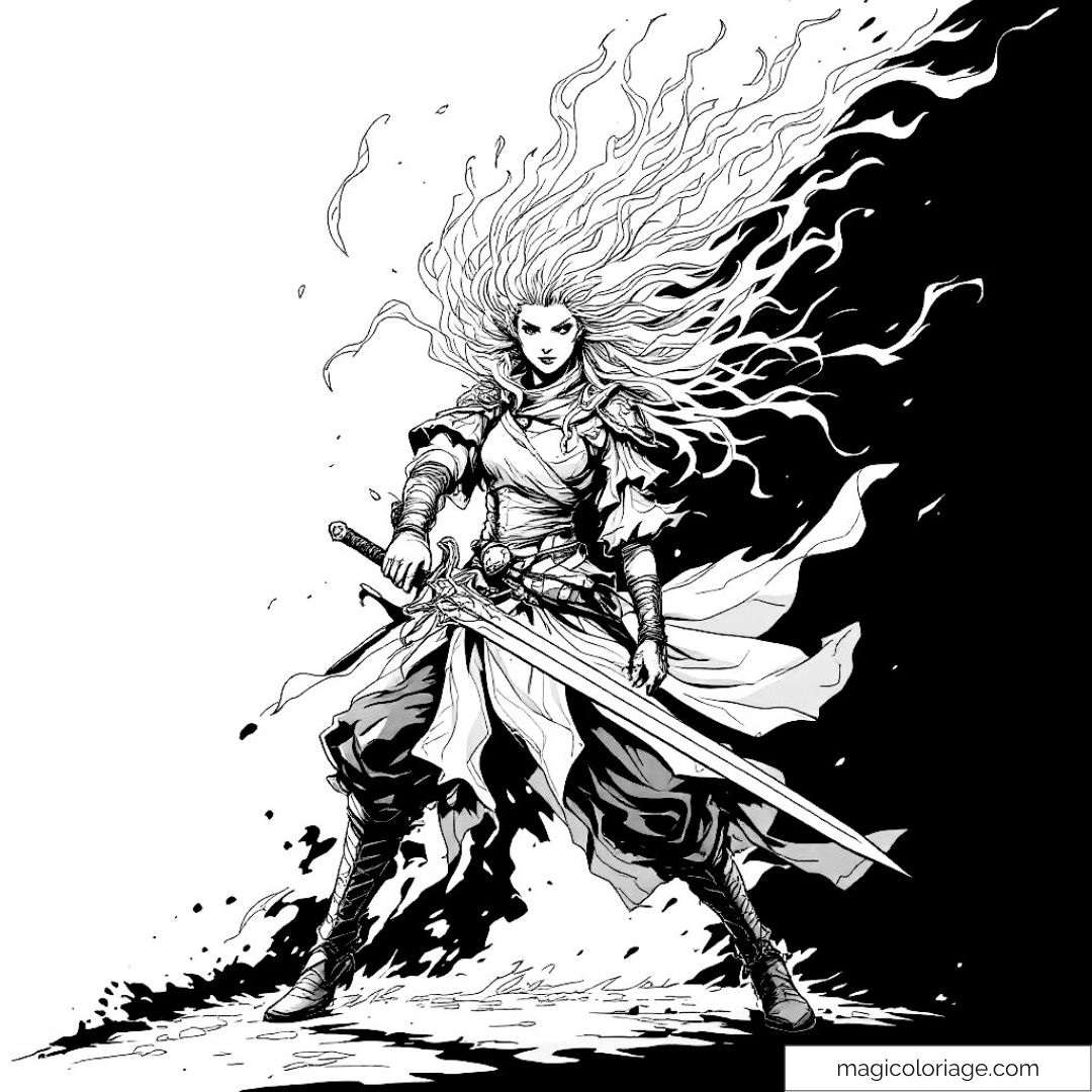 Guerrière avec épée et cheveux en mouvement pour un coloriage captivant.