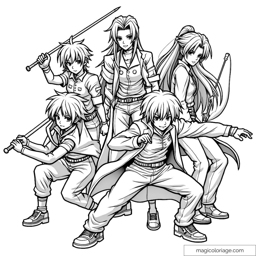 Dessin de personnages animés en pose dynamique avec épées