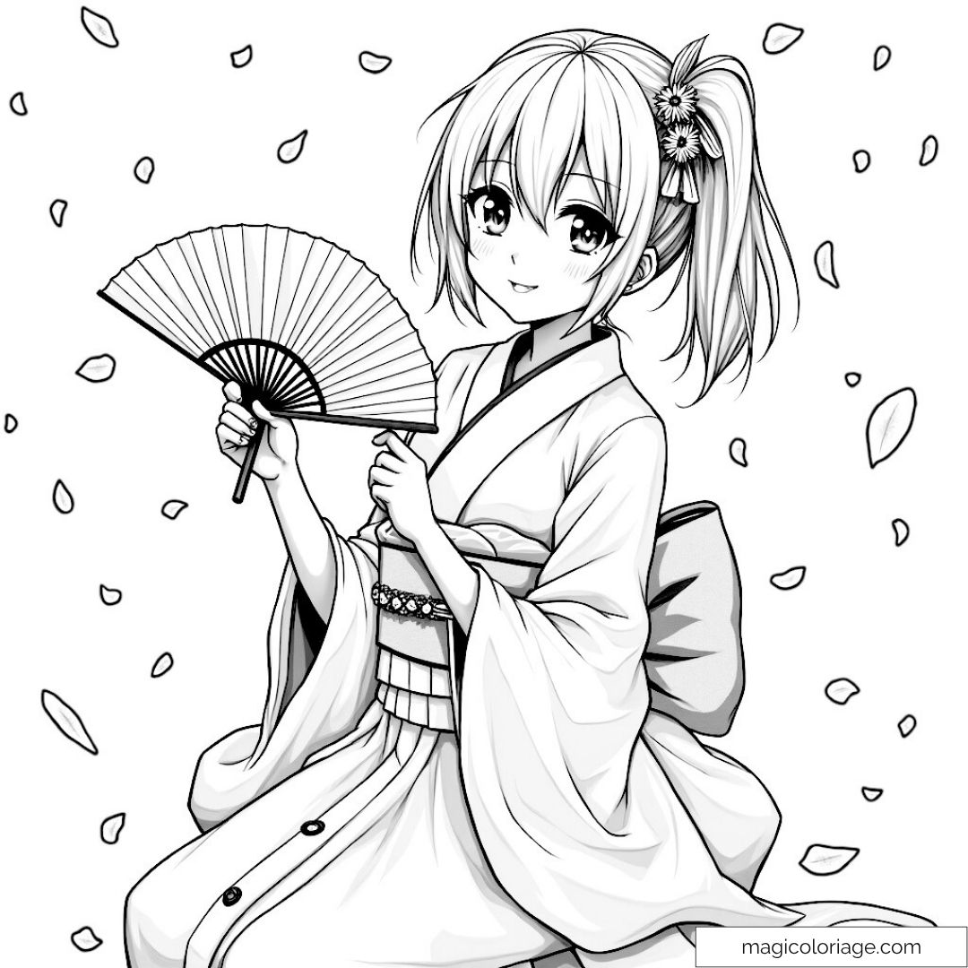 Jeune fille en kimono tenant un éventail entourée de pétales.