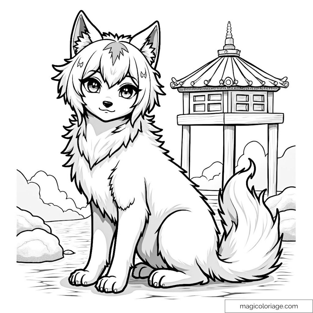 Loup aux yeux doux devant une pagode en fond de paysage.