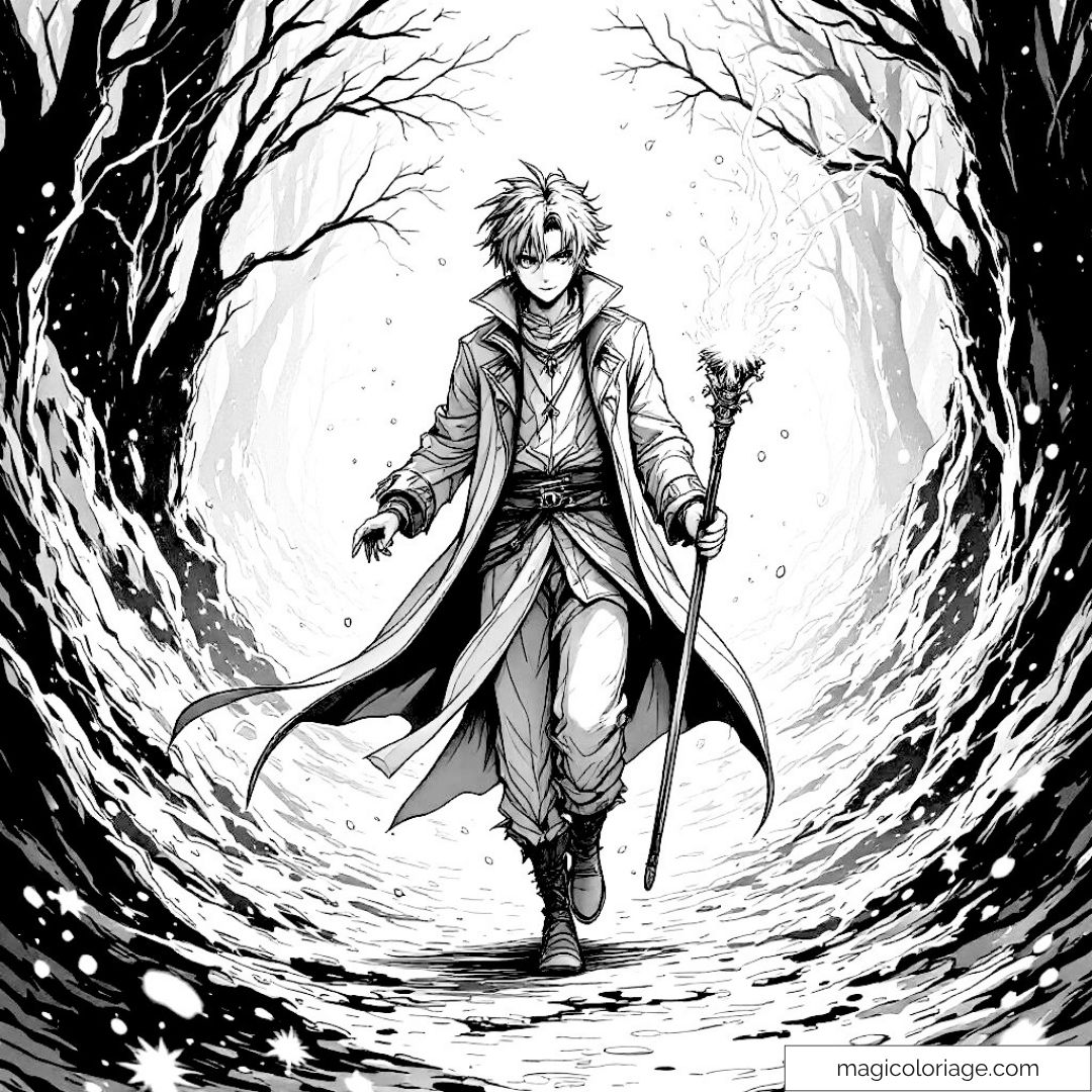 Magicien dans forêt enneigée avec bâton magique et vêtements flottants.