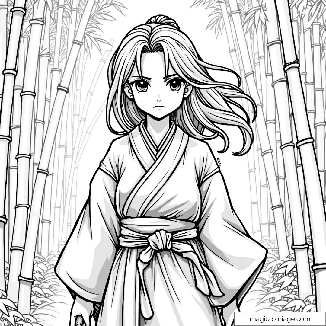 Jeune fille samouraï sur fond de bambous