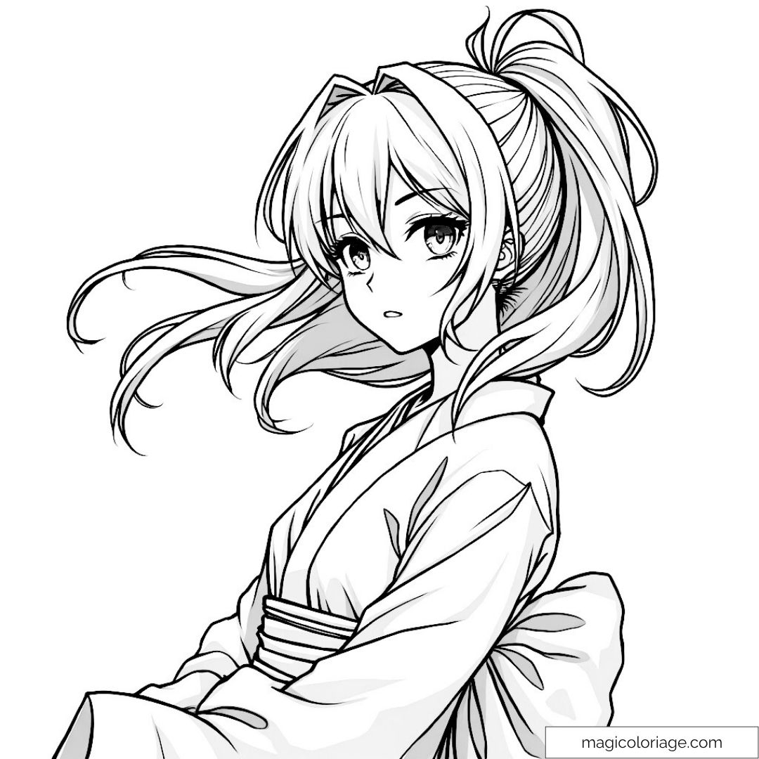 Fille manga en kimono avec cheveux longs à colorier.