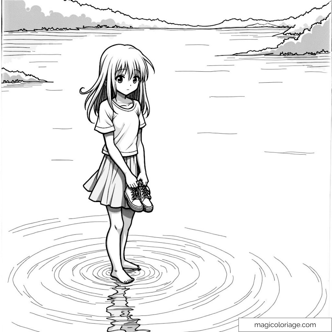 Jeune fille manga au bord de l'eau