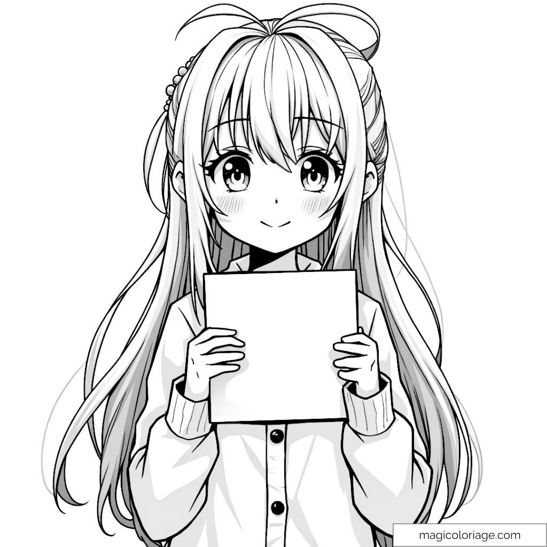 Dessin manga d'une fille avec affiche à colorier