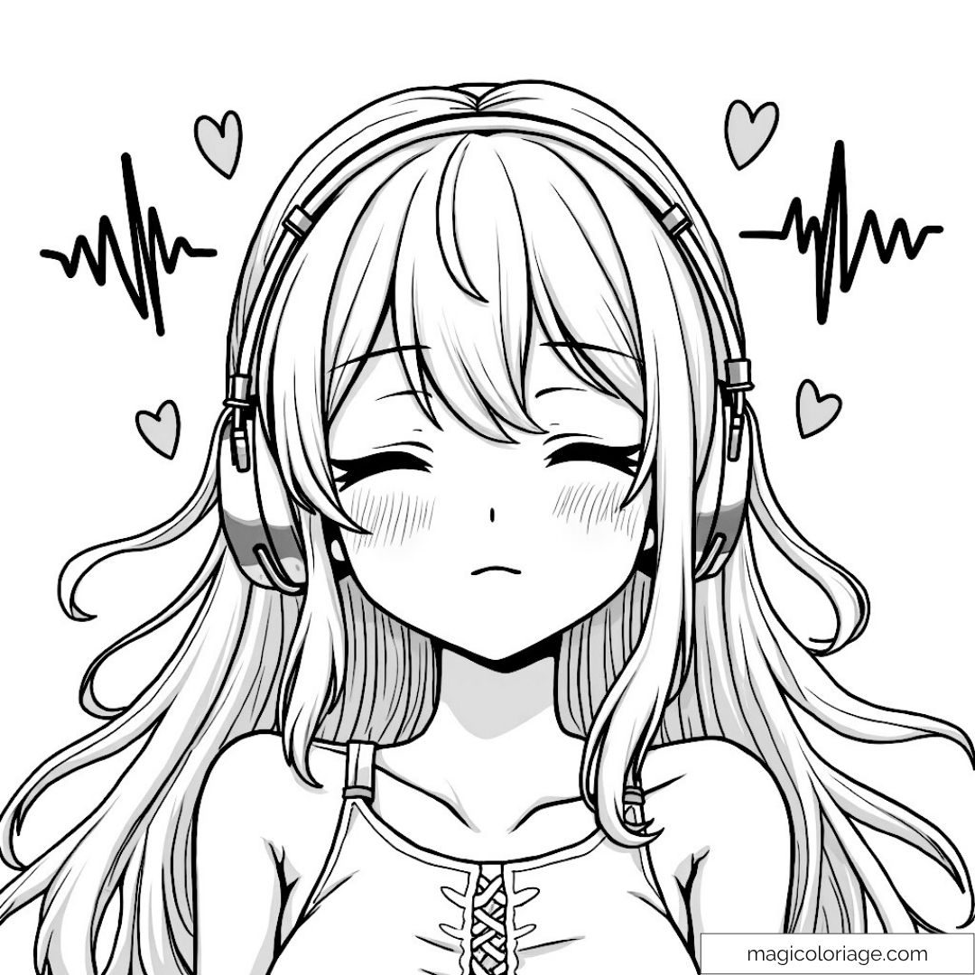 Dessin fille manga écoutant musique avec écouteurs.