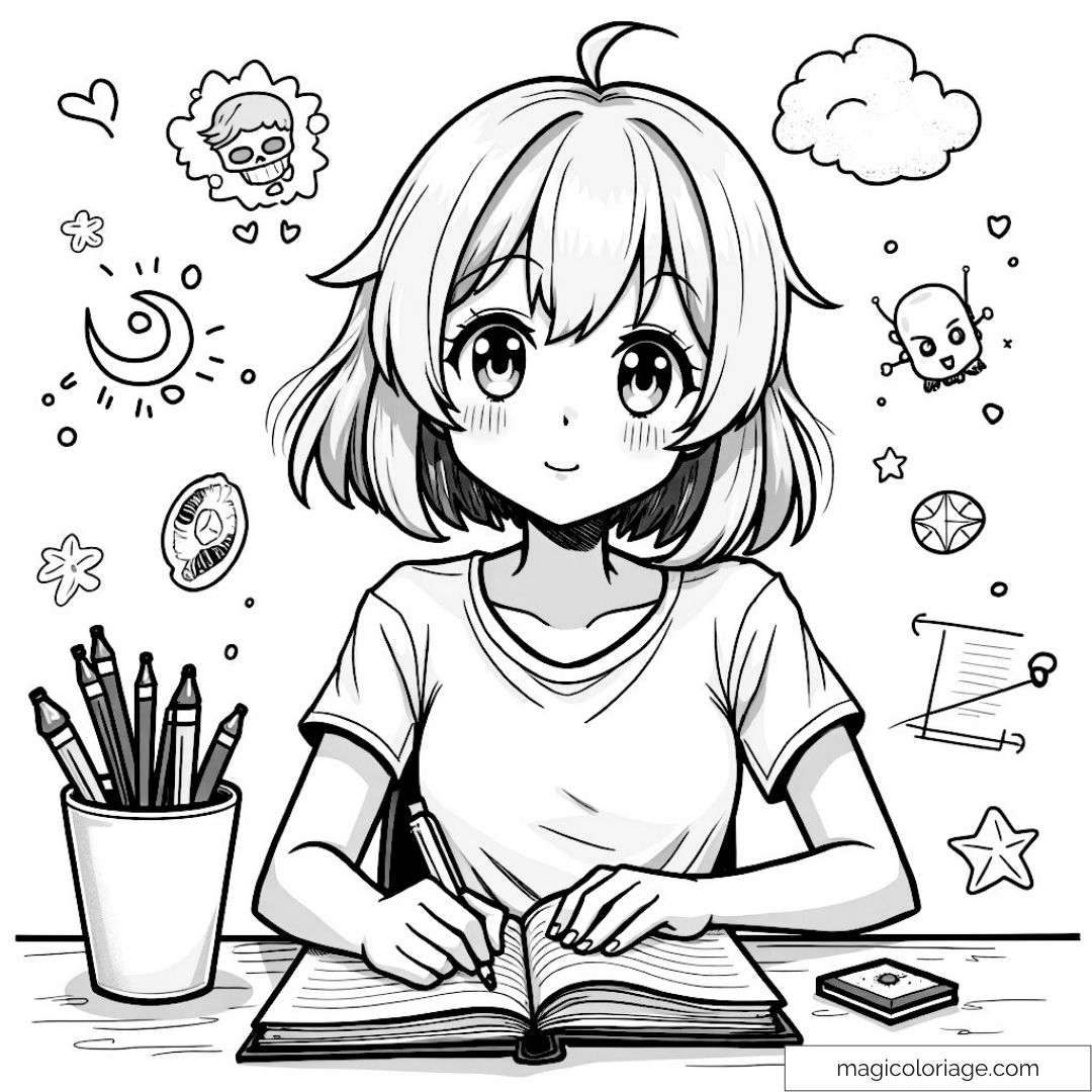 Manga fille écrivant dans un carnet entourée de motifs créatifs.