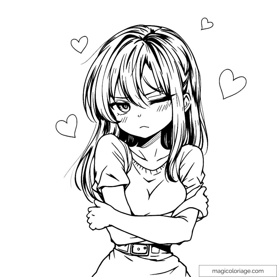 Coloriage manga fille avec cœurs