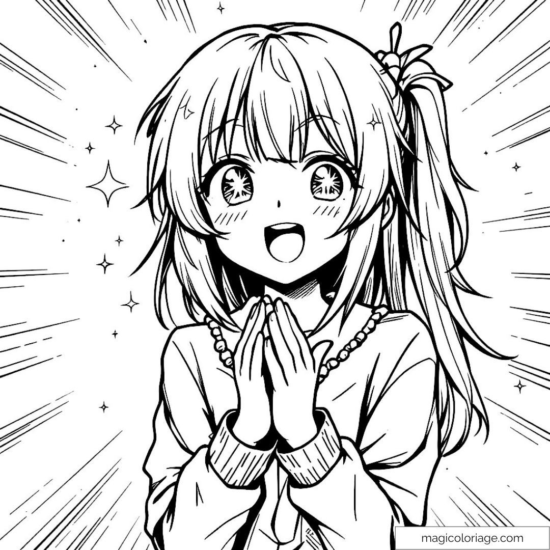Illustration noir et blanc d'une fille manga souriante avec les mains jointes.