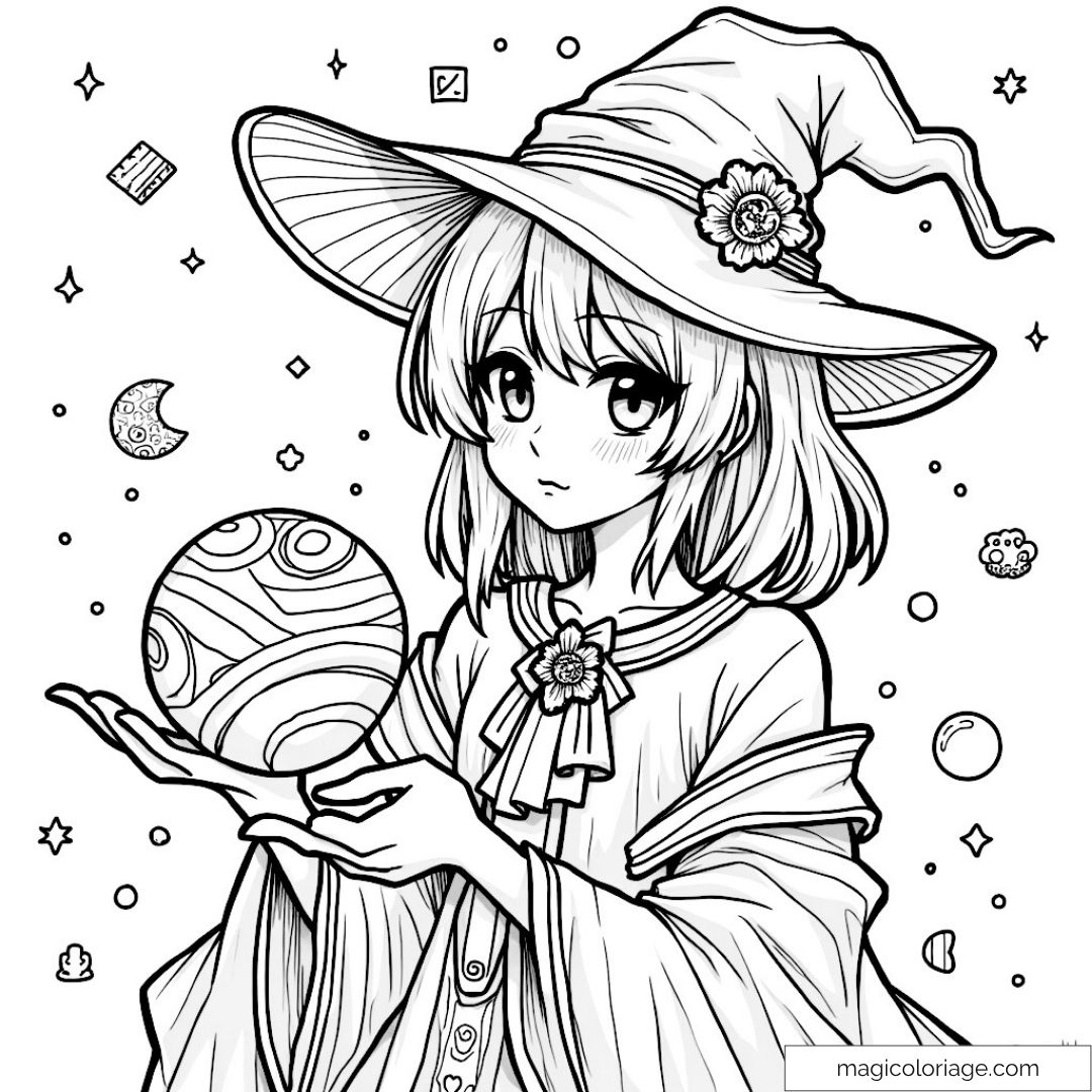 Dessin sorcière kawaii avec sphère mystérieuse et étoiles.