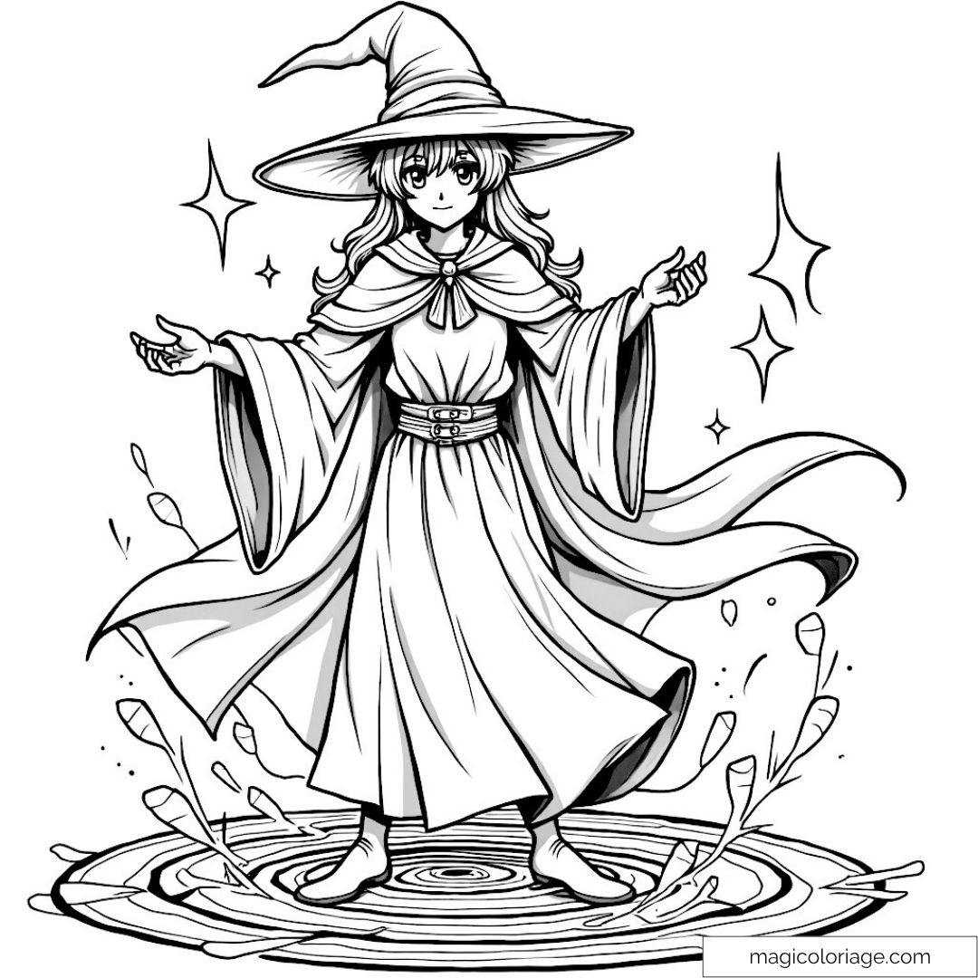 Dessin de sorcière avec chapeau pointu et cercle magique à colorier.