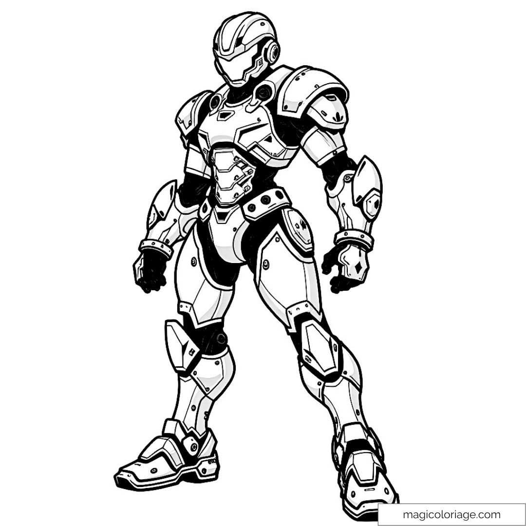 Dessin d'un super-héros en armure high-tech et dynamique.