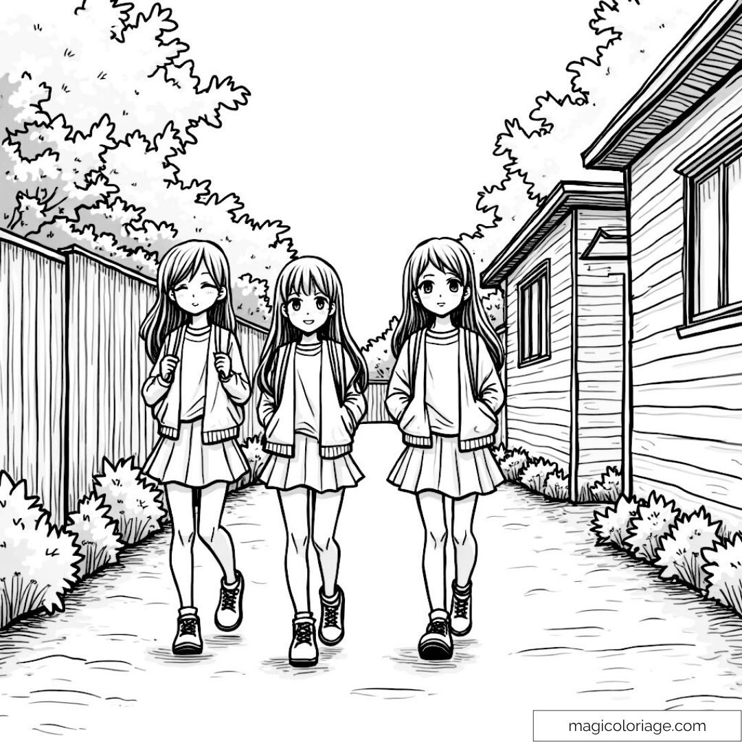 Dessin trio animé marchant dans une allée bordée d'arbres et de buissons.
