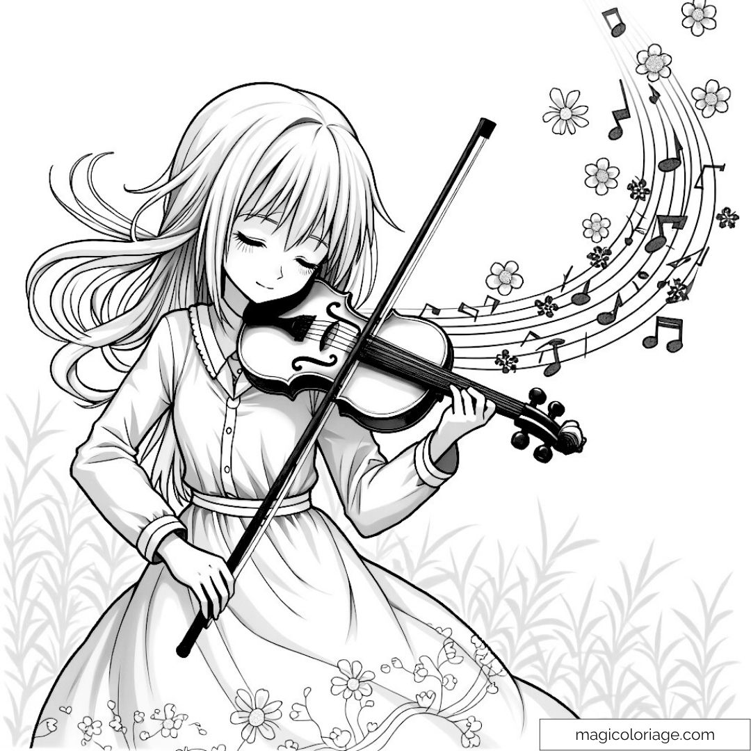 Fille jouant du violon avec des notes de musique et des fleurs.