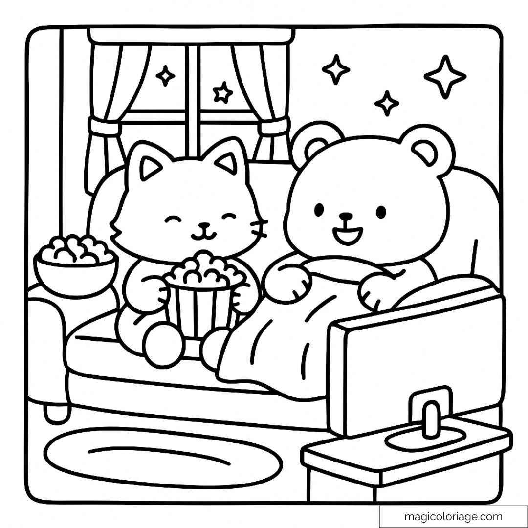 Chat et ours sur canapé avec pop-corn devant la télé