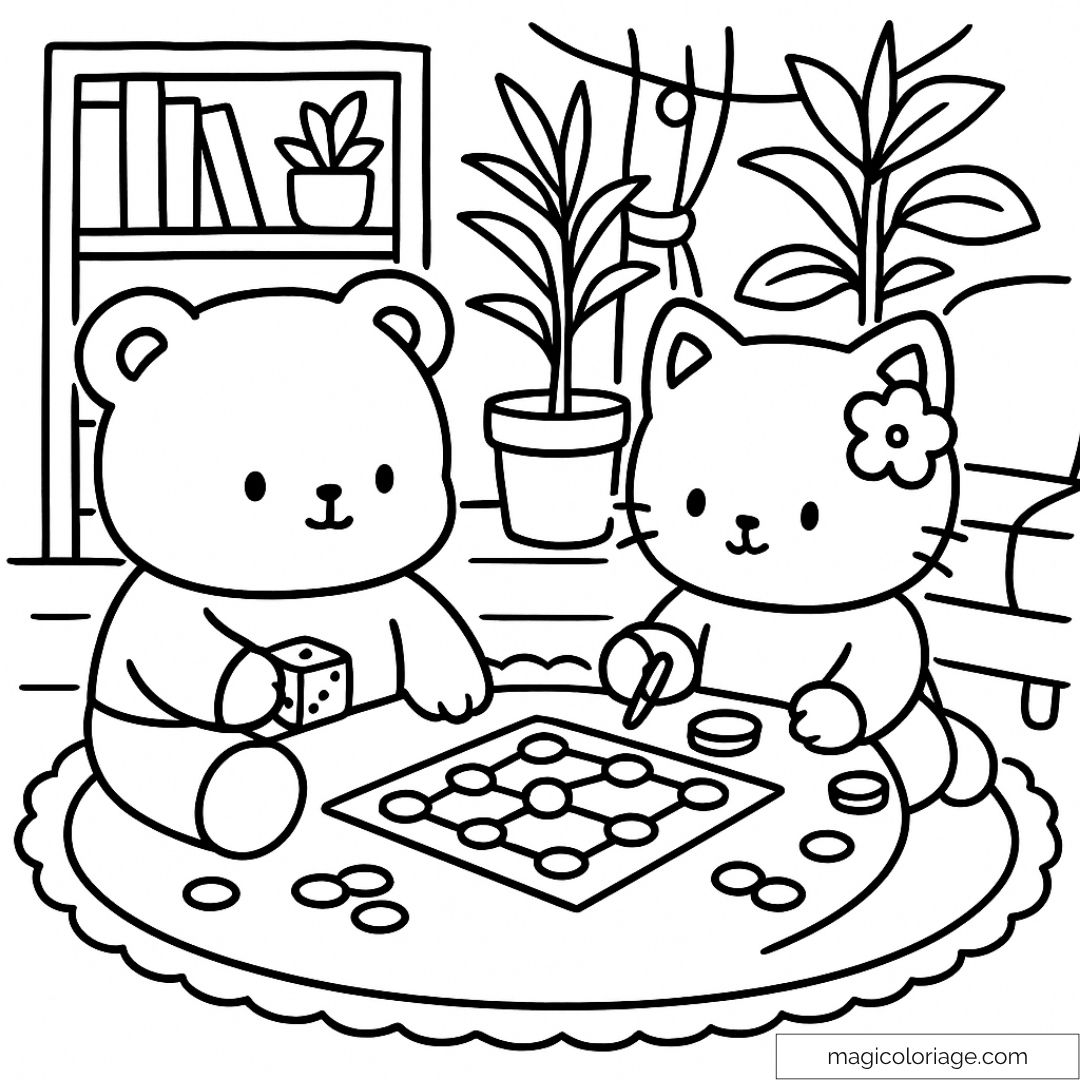 Ours et chat jouant ensemble sur un tapis avec un jeu et dés