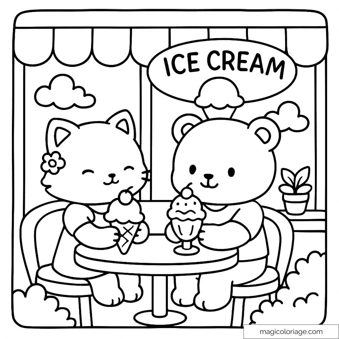 Coloriage de chaton et ourson avec glaces devant une boutique