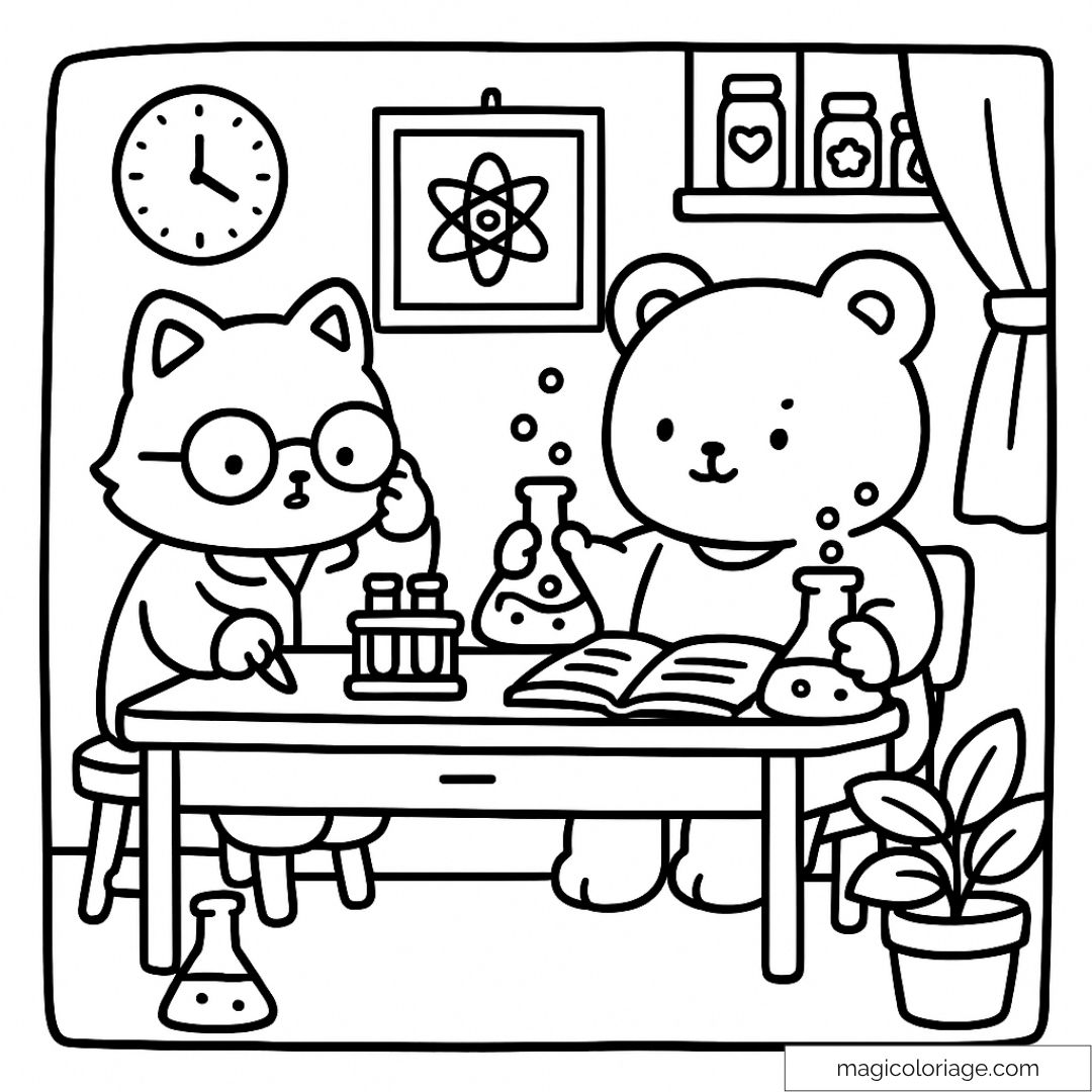 Chat et ours dans un laboratoire avec des fioles et un livre.