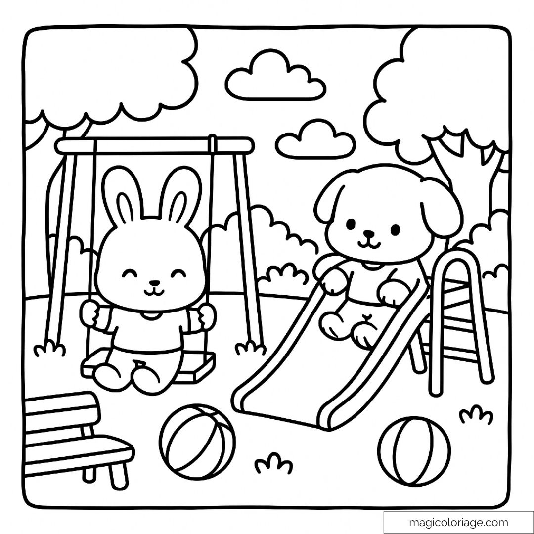 Un lapin et un chiot sur des jeux de parc