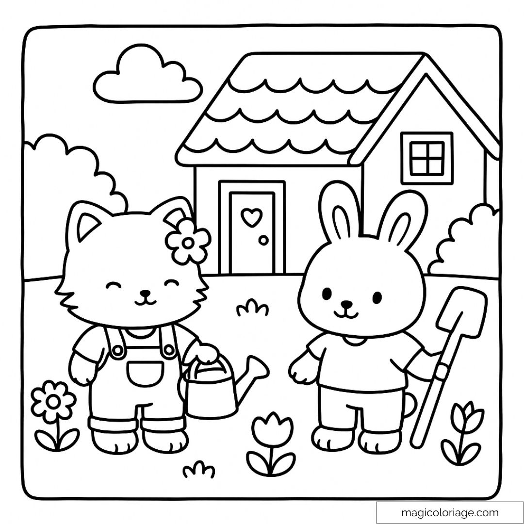 Chat et lapin jardiniers devant maison