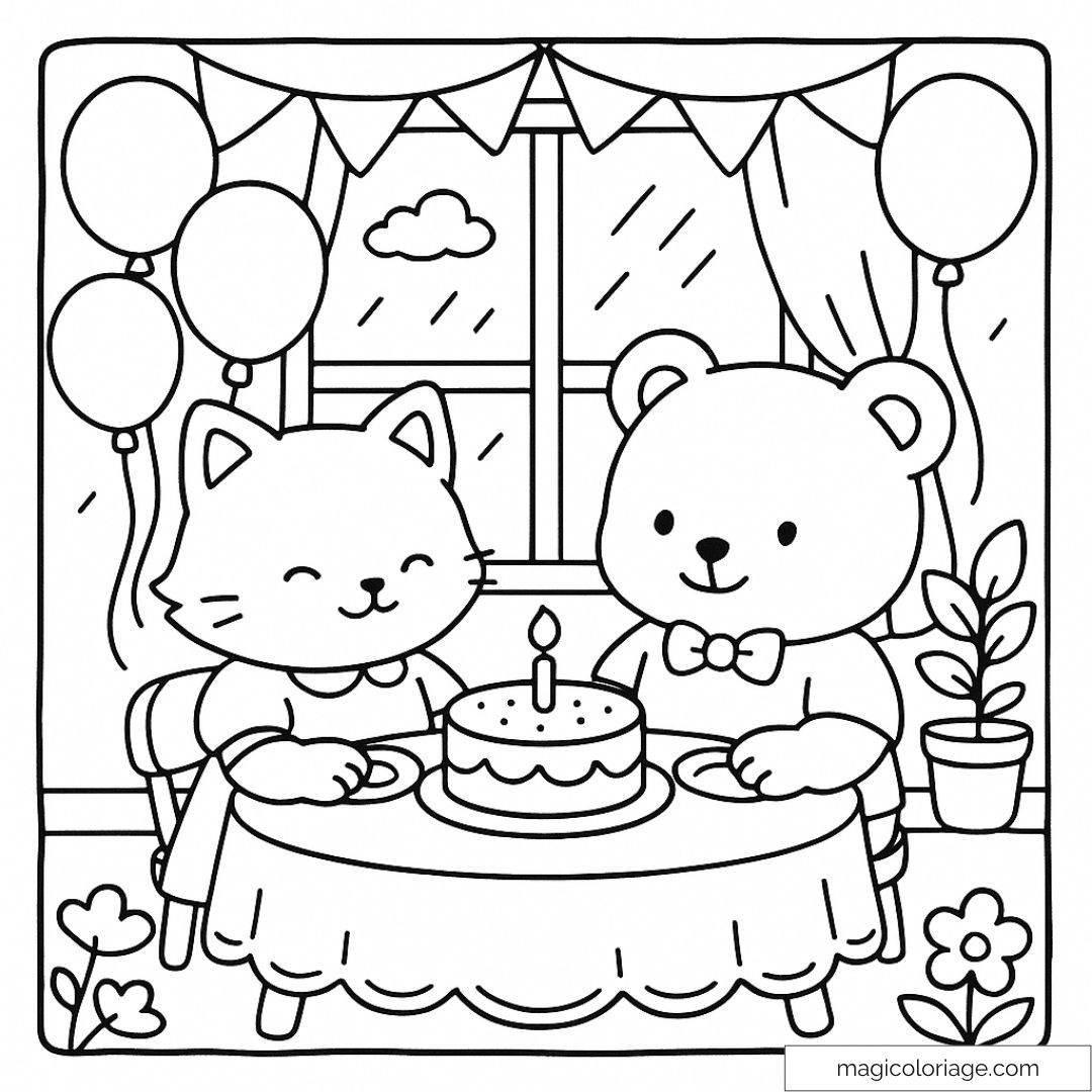Dessin d'un chat et ours célébrant un anniversaire avec gâteau.