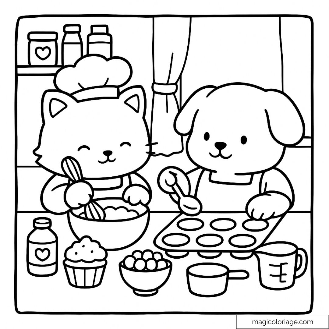 Coloriage chat et chien cuisinant des gâteaux joyeux
