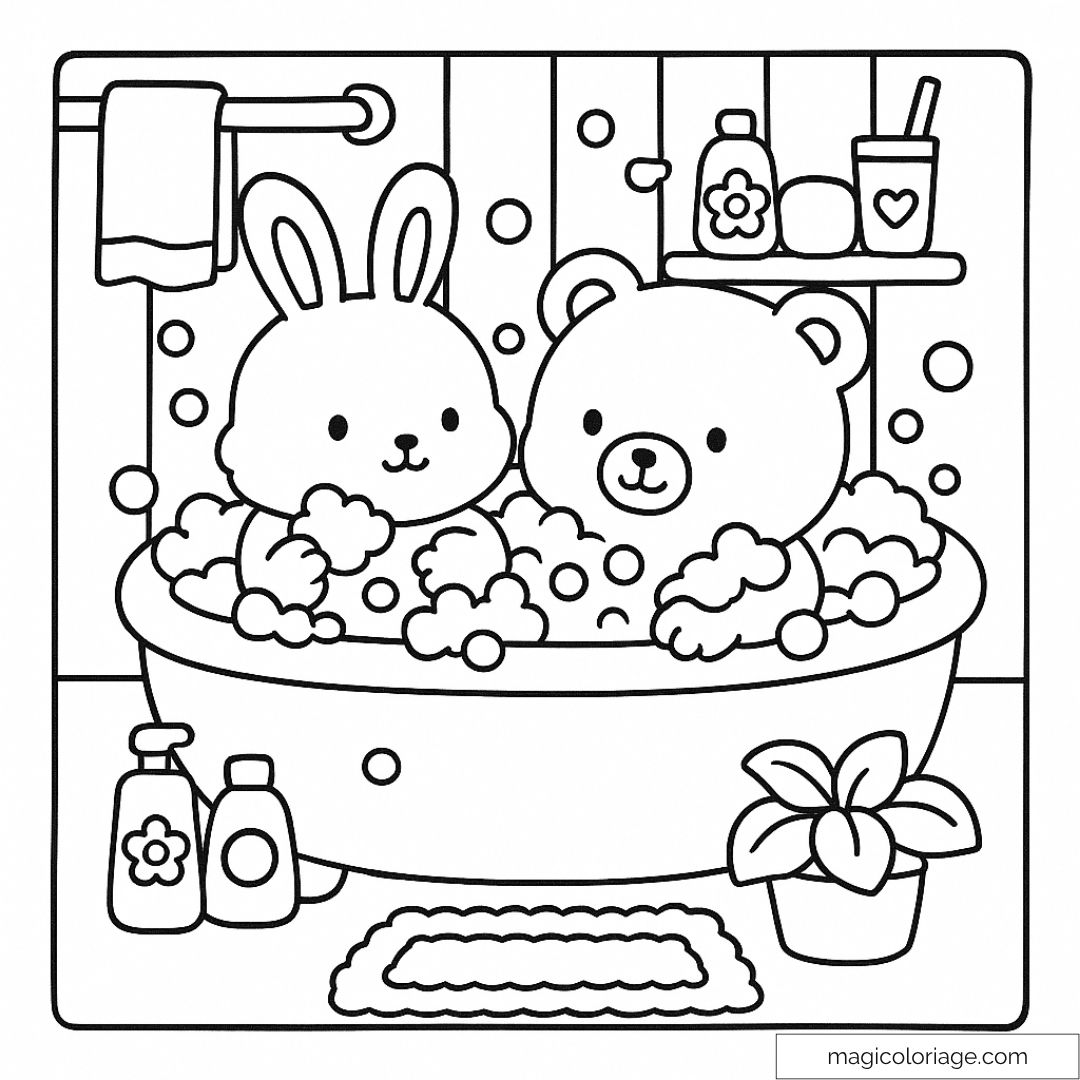 Dessin de coloriage lapin et ours dans une baignoire avec des bulles