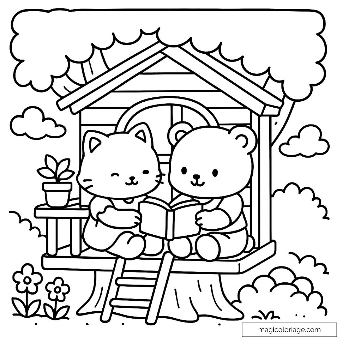 Chat et ours lisant dans une cabane perchée