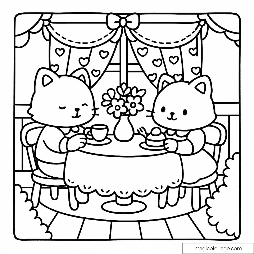 Chatons au salon de thé avec tasse et gâteau à colorier.
