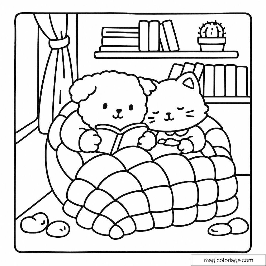 Coloriage d'un chien et chat blottis avec un livre sous une couverture.