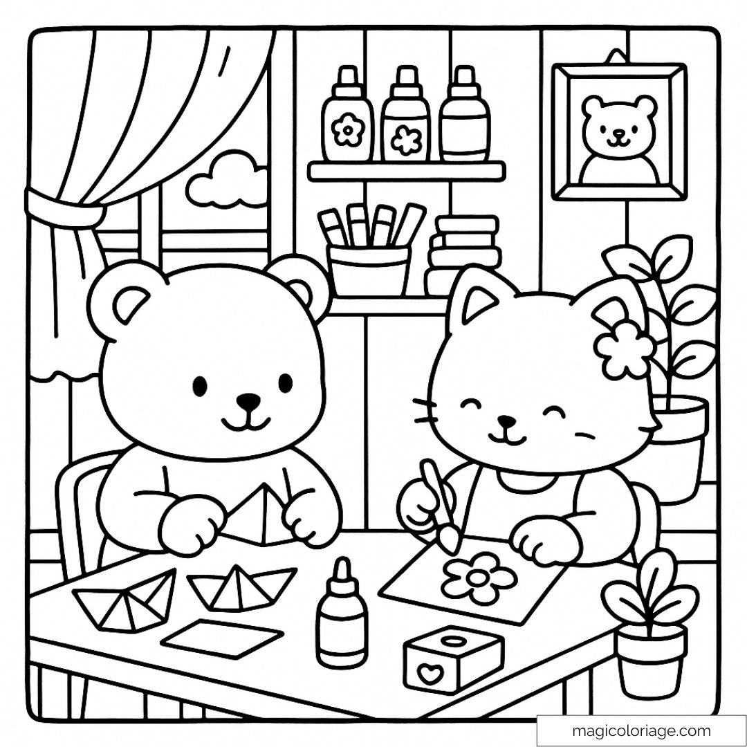 Ours et chat artistes avec fournitures DIY et origami à colorier.