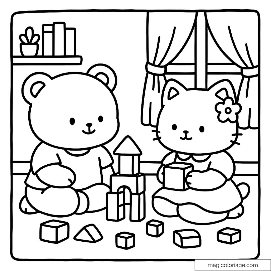 Ourson et chat jouent avec blocs de construction