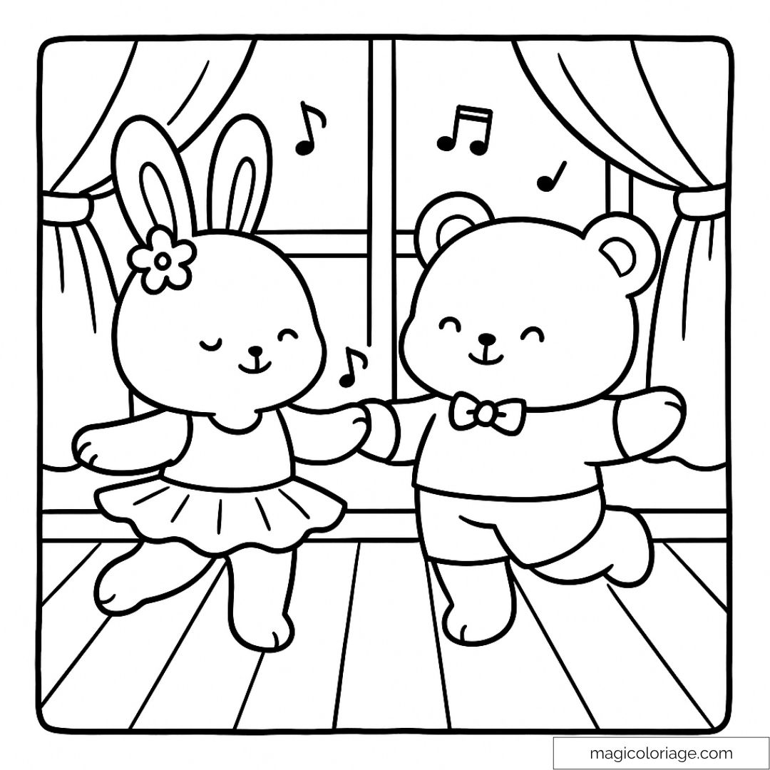 Lapin et ourson dansant joyeusement avec des notes de musique