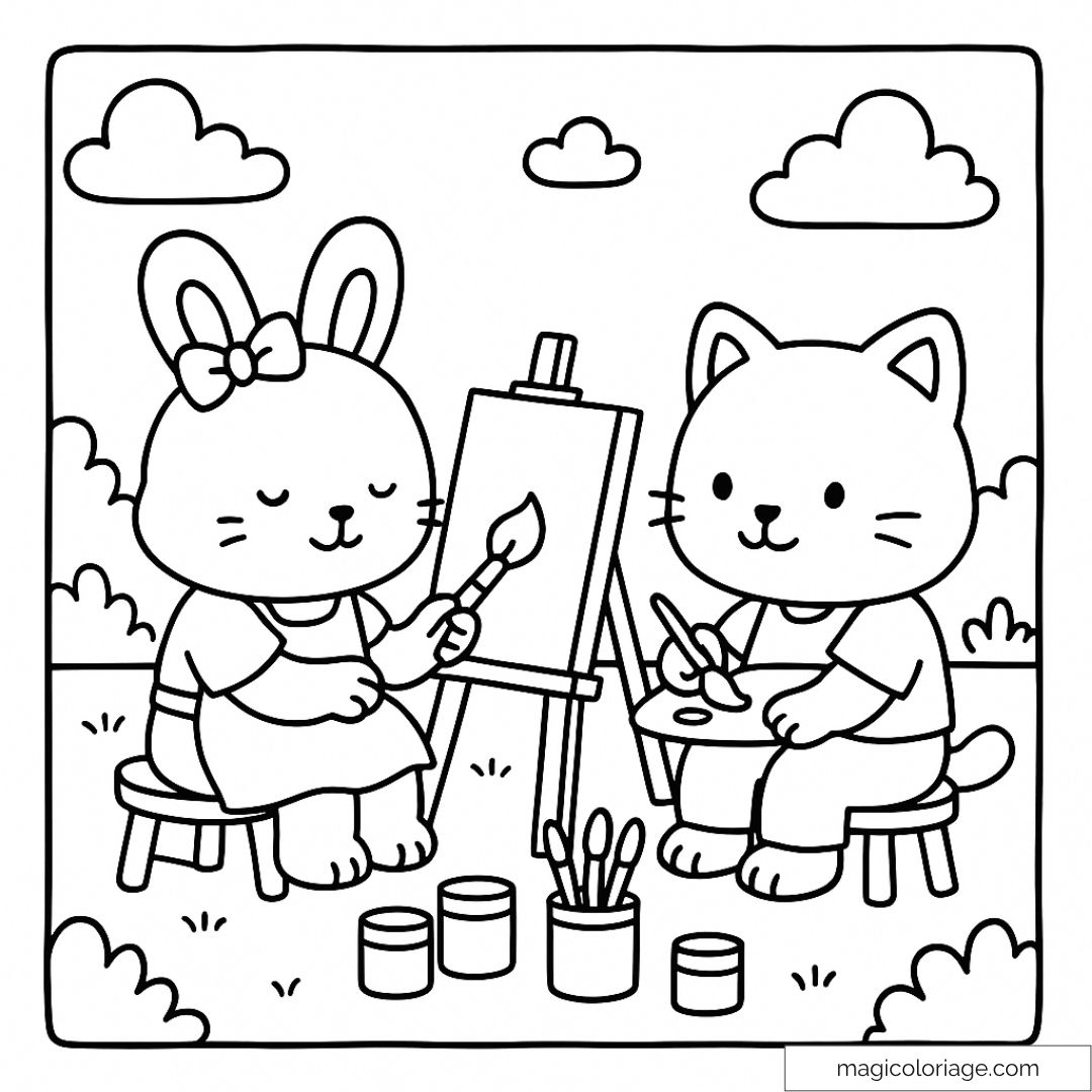 Dessin de coloriage représentant un lapin et un chat peignant ensemble dans un jardin.