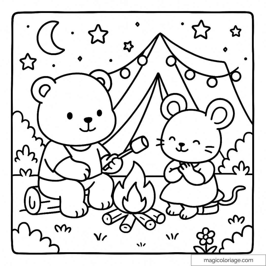 Ourson et souris campant sous un ciel étoilé