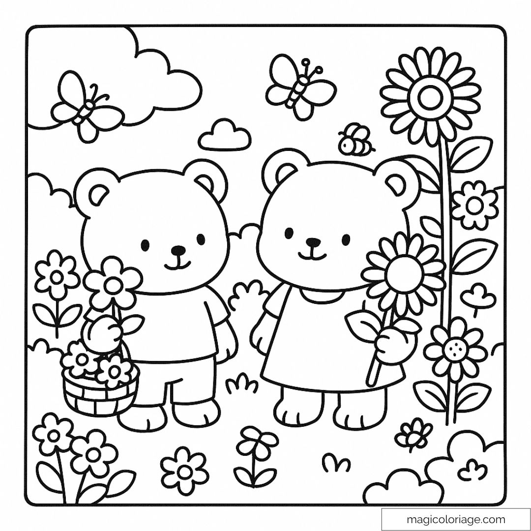 Dessin de deux ours dans un champ de fleurs avec papillons.