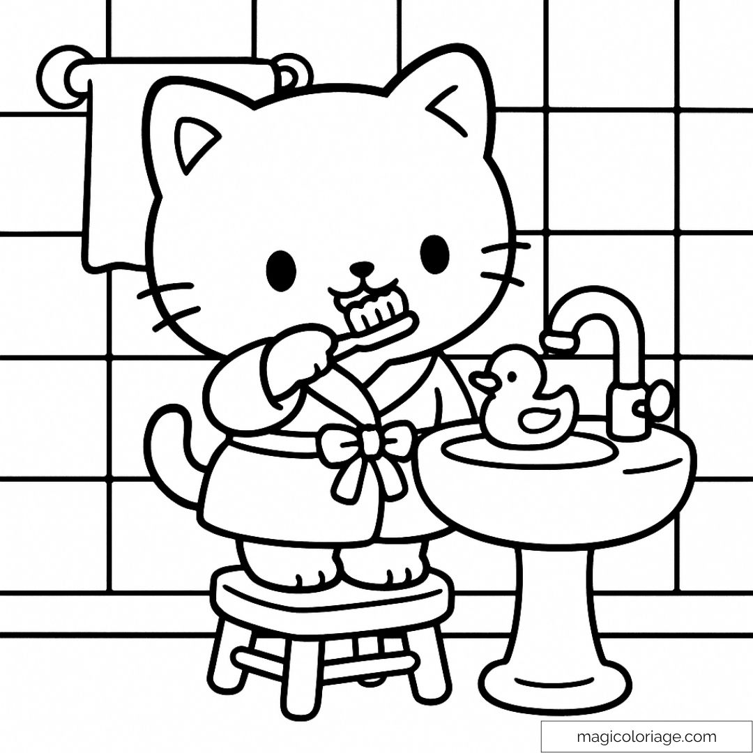 Hello Kitty se brossant les dents devant le lavabo avec un canard.