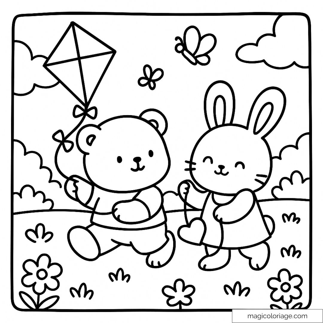 Ourson et lapin jouant dans un pré avec un cerf-volant et des fleurs.