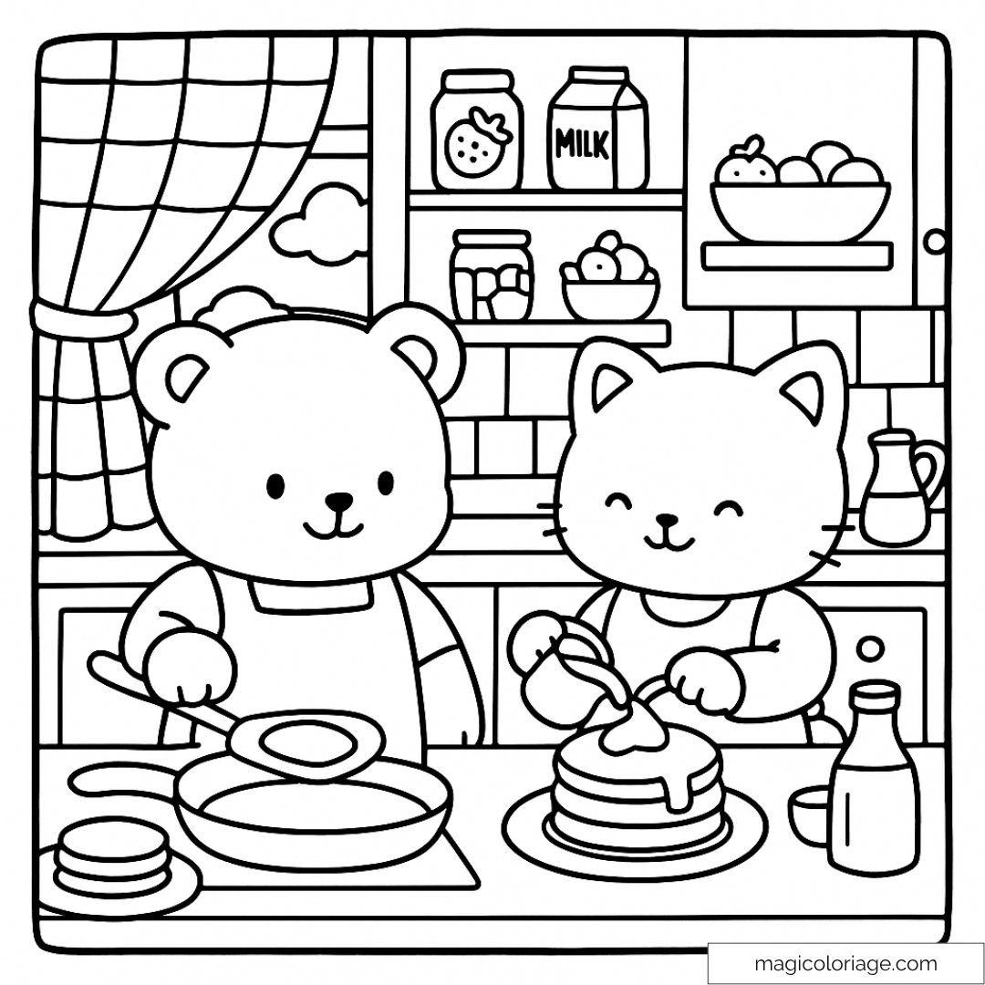 Coloriage ourson et chat cuisinant des pancakes heureux