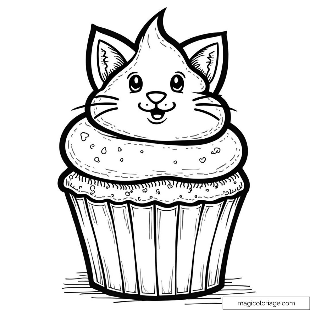 Dessin en noir et blanc d’un cupcake chaton