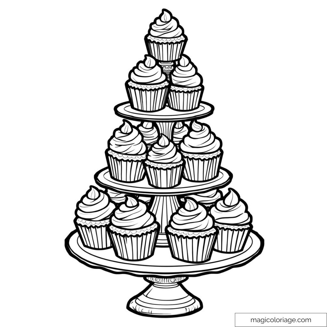 Image à colorier de cupcakes sur un présentoir à trois étages