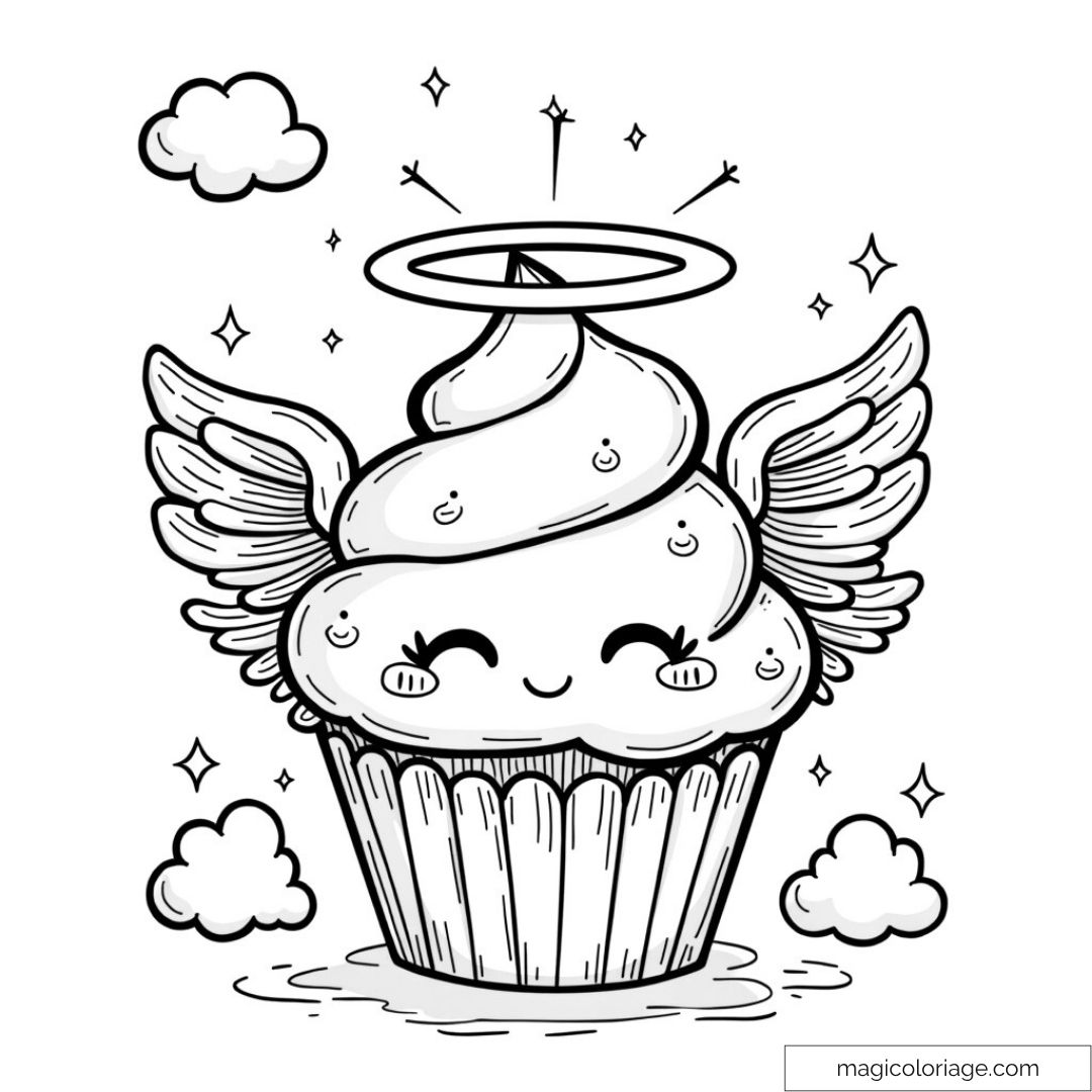 Dessin d'un cupcake mignon avec ailes et auréole à colorier